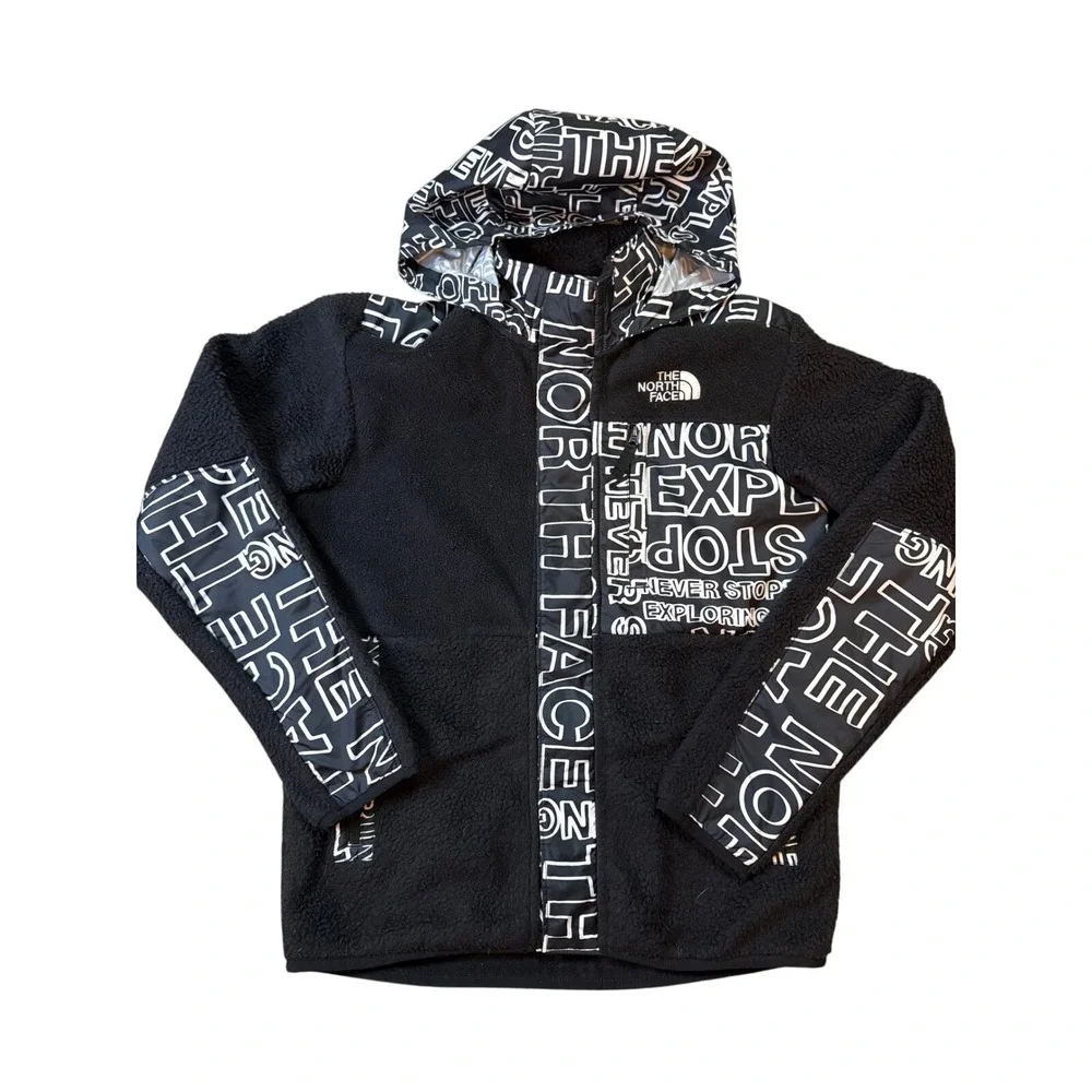 The North Face Kids Black White All Over Logo Fleece Jacket Hooded Size YXL